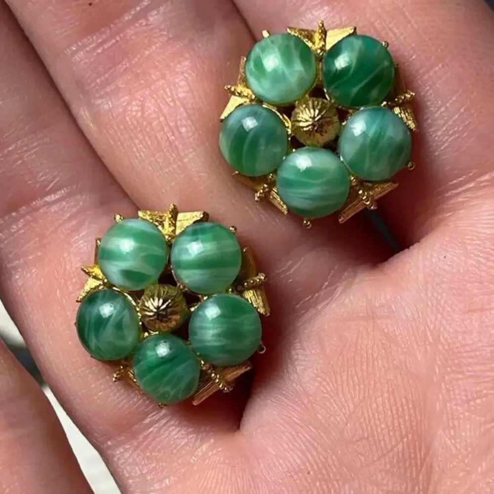 Vintage Dainty Gold Tone Flower Earrings with Green Stones